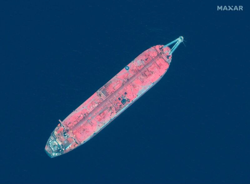 (FILES) This handout satellite image obtained courtesy of  Maxar Technologies on July 19, 2020, shows a satellite view of the FSO Safer oil tanker on June 19, 2020, off the port of Ras Isa in Yemen. A UN mission to inspect the long-abandoned FSO Safer fuel tanker off the coast of Yemen, which threatens to rupture and cause a massive oil spill, has been pushed to March, the body said on January 27, 2021."We've hit a few delays with international shipping that were beyond our control and had some back and forth on signing documents, which has now been resolved," UN spokesman Stephane Dujarric told reporters. - RESTRICTED TO EDITORIAL USE - MANDATORY CREDIT "AFP PHOTO / Satellite image ©2020 Maxar Technologies " - NO MARKETING - NO ADVERTISING CAMPAIGNS - DISTRIBUTED AS A SERVICE TO CLIENTS
 / AFP / Satellite image ©2020 Maxar Technologies / Handout / RESTRICTED TO EDITORIAL USE - MANDATORY CREDIT "AFP PHOTO / Satellite image ©2020 Maxar Technologies " - NO MARKETING - NO ADVERTISING CAMPAIGNS - DISTRIBUTED AS A SERVICE TO CLIENTS
