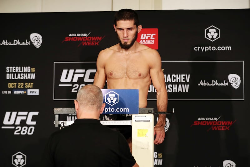 Dagestan fight Islam Makhachev weighs in at UFC 280. Chris Whiteoak / The National