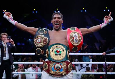 Anthony Joshua after reclaiming the IBF, WBA, WBO and IBO world heavyweight championship belts from Andy Ruiz at the Diriyah Arena, Saudi Arabia. Reuters