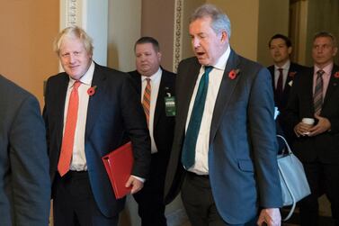 Boris Johnson, a former UK Foreign Secretary, walks with Kim Darroch, right, the former British Ambassador to the United States, after a 2017 meeting on Capitol Hill in Washington, DC. EPA