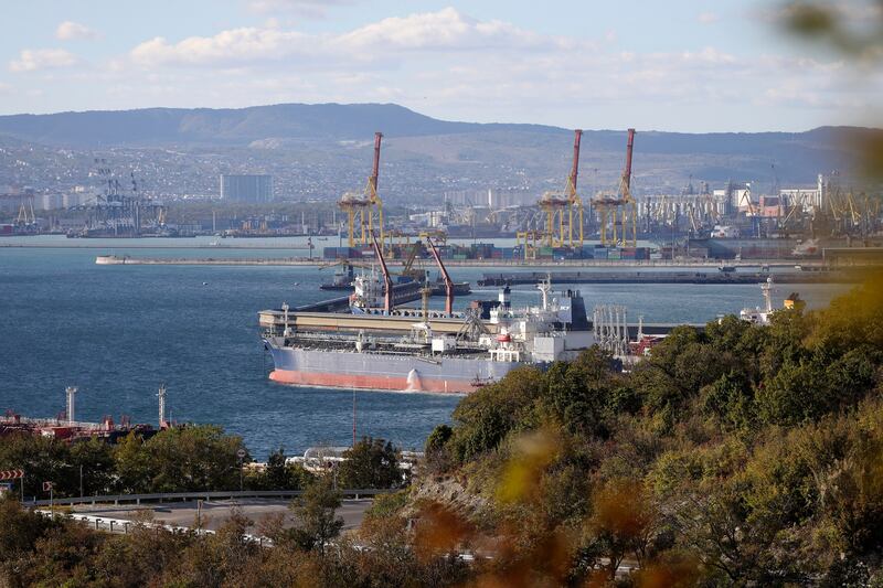 An oil tanker at the Sheskharis complex in Novorossiysk, Russia. AP