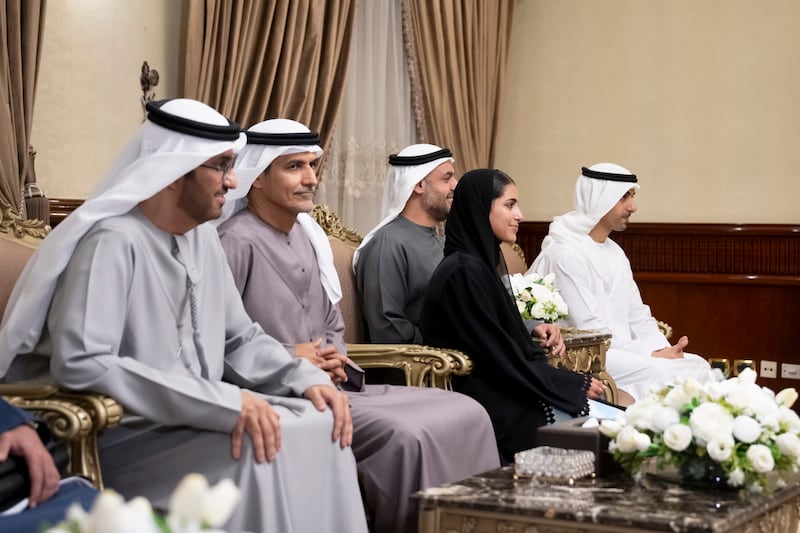 Dr Sultan bin Ahmed Al Jaber, UAE Minister of Industry and Advanced Technology Group CEO of Adnoc and Chairman of Masdar, Ali Mohamed Hammad Al Shamsi, Secretary General of the UAE Supreme Council for National Security, Sheikha Salama bint Mohamed, Sheikh Mohamed bin Hamad, Private Affairs Adviser in the Presidential Court and Sheikh Hamdan bin Mohamed attend a meeting with Mr El Sisi, in Cairo. Photo: Hamad Al Kaabi / UAE Presidential Court 