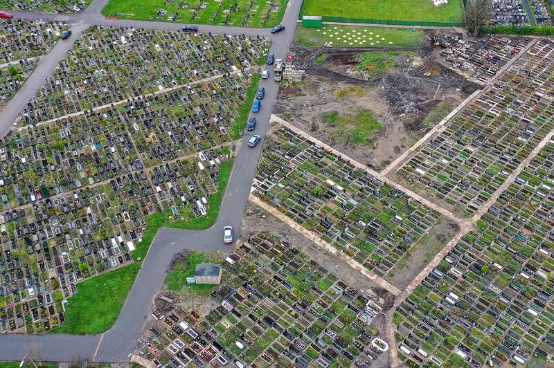 BRADFORD, ENGLAND - NOVEMBER 16: A general taken from a drone of graves at the Scholemoor Cemetery and Crematorium on November 16, 2020 in Bradford, England. In an essay for the BBC this weekend, Dr John Wright of Bradford Royal Infirmary reported how Bradford's main Muslim cemetery has been struggling to keep up with burials amid the country's second wave of covid-19 infections. However he cautioned that "it will take some medical detective work to determine the cause of this increase in deaths." (Photo by Christopher Furlong/Getty Images)