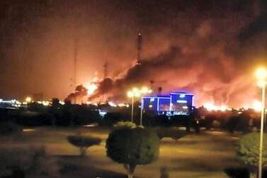 Flames and huge palls of smoke are seen over Abqaiq, the site of Aramco's largest oil processing plant.