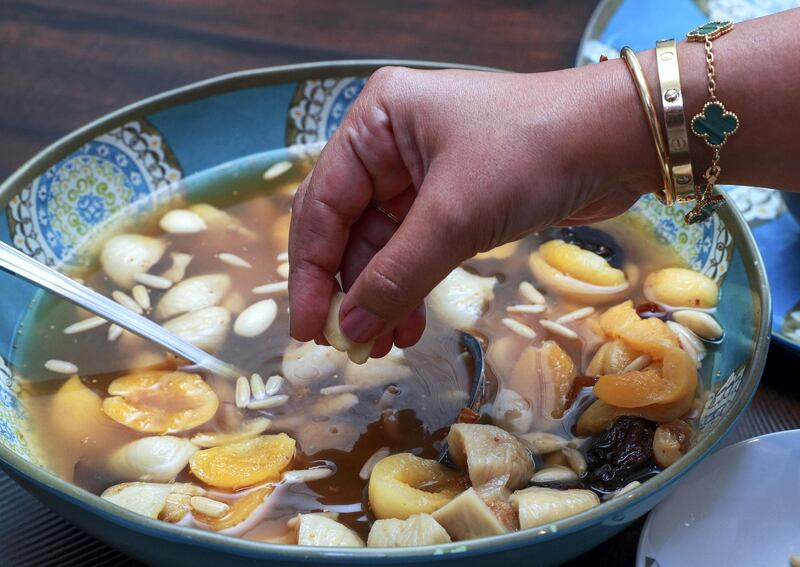 Abu Dhabi, United Arab Emirates, April 12, 2021.  Ramadan Recipes.  Koshaf dessert by Soha Darwish.
Victor Besa/The National
Section:  AC
Reporter:  Hanan Sayed Worrell