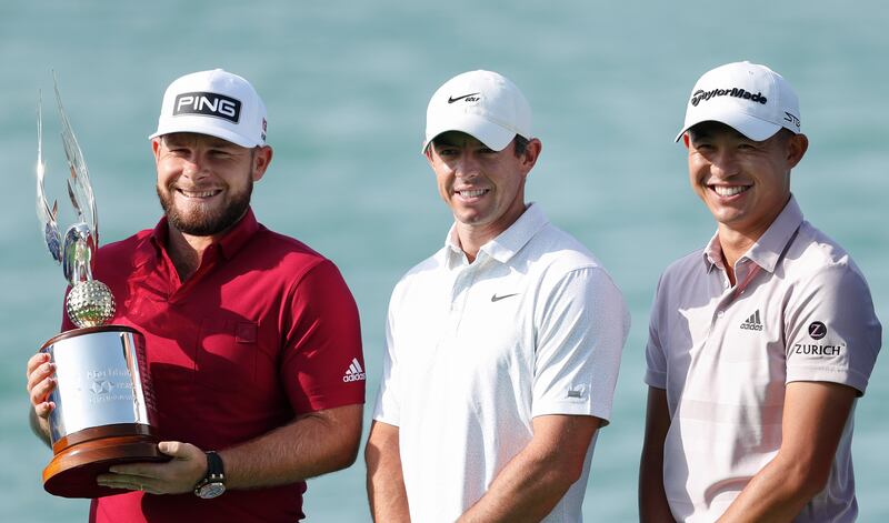 Tyrrell Hatton, Rory McIlroy, and Collin Morikawa at the Yas Links Golf Course on Tuesday. Getty