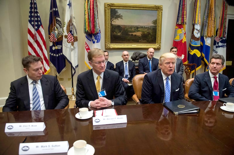From left: SpaceX chief executive Elon Musk, Corning chief executive Wendell Weeks, then US president Donald Trump and Johnson & Johnson chief executive Alex Gorsky during a meeting at the White House. AFP