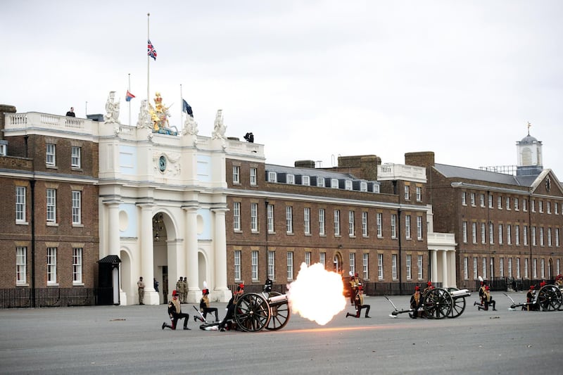 Members of The King's Troop Royal Horse Artillery fire a gun salute to mark the death of Prince Philip, at the Parade Ground, Woolwich Barracks, London. Reuters