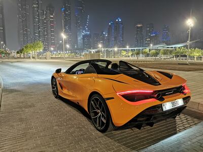 The McLaren 720S Spider offers power-adjustable leather seats and a 12-speaker Bowers & Wilkins stereo.