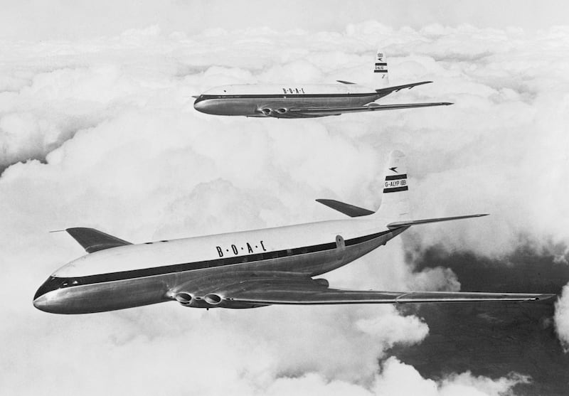 The earliest production de Havilland DH-106 Comet 1 four engined pressurised passenger jet airliner registration G-ALYP of the British Overseas Airways Corporation flying above the United Kingdom with the first prototype Ministry of Supply Comet DH106 G-ALVG during trials on 4th April 1951. On 2nd May 1952, as part of BOAC's route-proving trials, G-ALYP took off on the world's first commercial"r"n jetliner flight with fare-paying passengers and inaugurated scheduled service from London to Johannesburg. On the 10th January 1954 after suffering an explosive decompression at altitude BOAC Flight 781 Comet G-ALYP crashed into the sea near the Island of  Elba off the Italian coast, killing all 35 people on board. (Photo by Central Press/Hulton Archive/Getty Images).