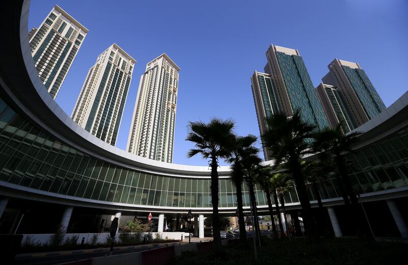 ABU DHABI - UNITED ARAB EMIRATES - 04AUG2015 - Ocean (from right) Tala, Burj View, Al Maha and Marina height-2, residential towers on Marina Square on Abu Dhabi's Reem Island. Ravindranath K / The National (fro Business Stock)
 *** Local Caption ***  RK0408-MARINASQUARE15.jpg