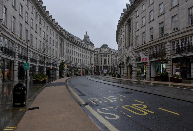 A deserted Regent Street in London as the third national lockdown continues. AP Photo