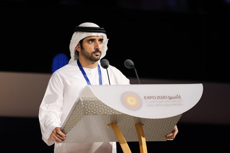 Sheikh Hamdan bin Mohammed, Crown Prince of Dubai, declares Expo 2020 Dubai open with a prayer. Photo: Expo 2020 Dubai