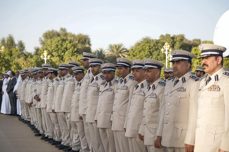 AL AIN, ABU DHABI, UNITED ARAB EMIRATES - December 04, 2017: Members of Abu Dhabi Police, attend a barza, at Al Maqam Palace.

( Mohamed Al Hammadi / Crown Prince Court - Abu Dhabi )
---