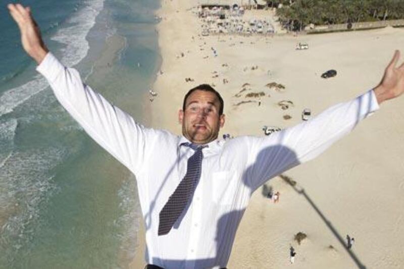 David Nihall bungee jumps off a crane at Napa Bungee above Jumeirah Beach in Dubai.