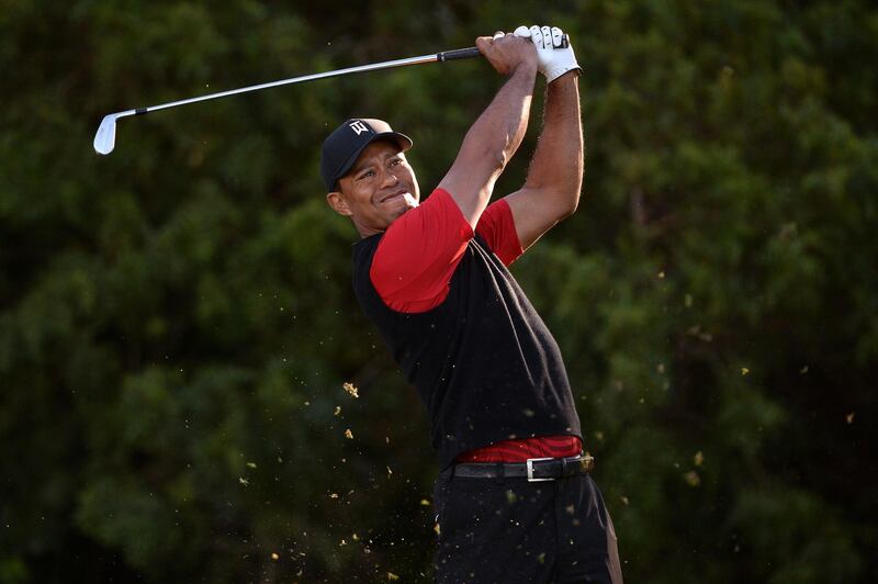 Jan 28, 2018; San Diego, CA, USA; Tiger Woods plays his shot from the 11th tee during the final round of the Farmers Insurance Open golf tournament at Torrey Pines Municipal Golf Course - South Co. Mandatory Credit: Orlando Ramirez-USA TODAY Sports