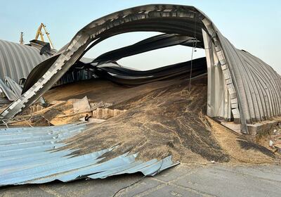 A grain depot at the damaged grain terminal of a port on the Danube River in the Odesa region, southern Ukraine. EPA 