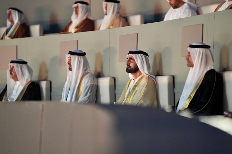 Sheikh Mohammed bin Rashid, Vice President and Ruler of Dubai, and Sheikh Mohamed bin Zayed, Crown Prince of Abu Dhabi and Deputy Supreme Commander of the Armed Forces watch the UAE's 50th National Day celebrations in Hatta