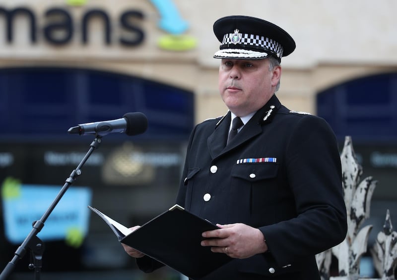 READING, UNITED KINGDOM - JUNE 27: Chief Constable of Thames Valley Police, John Campbell, speaks during a vigil for the victims of the Reading terror attack, at Market Place on June 27, 2020 in Reading, United Kingdom. David Wails, Joseph Ritchie-Bennett and James Furlong were killed after being attacked in Forbury Garden, shortly before 7pm on June 20, 2020. The suspect, Khairi Saadallah, has been charged with 3 counts of murder and 3 counts of attempted murder. (Photo by Steve Parsons - WPA Pool/Getty Images)