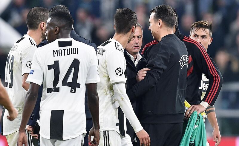 Manchester United manager Jose Mourinho confront Juventus players after the match. EPA