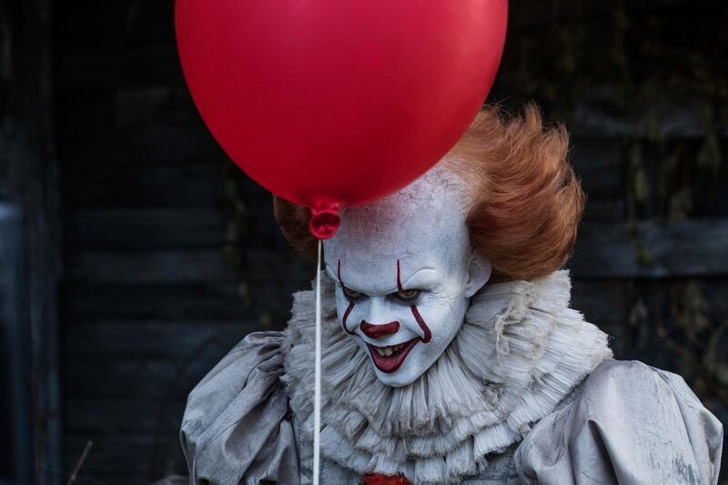 This image released by Warner Bros. Pictures shows Bill Skarsgard in a scene from "It." (Brooke Palmer/Warner Bros. Pictures via AP)