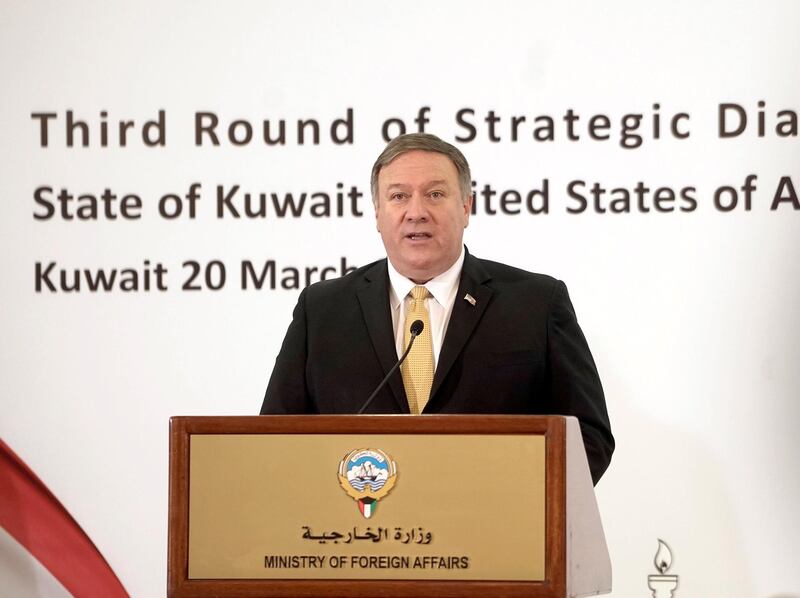 U.S. Secretary of State Mike Pompeo speaks during a news conference with Kuwait's Foreign Minister Sabah Al-Khalid al-Sabah (not pictured) in Kuwait City, Kuwait March 20, 2019. REUTERS/Stephanie McGehee