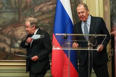 Russian Foreign Minister Sergey Lavrov, right, and UN Secretary-General Antonio Guterres met on Tuesday. AP