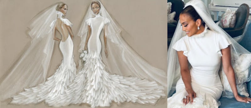 The dress she wore to walk down the aisle was a form-fitting turtleneck column gown, which features cap sleeves, a sheer, buttoned mesh back and a dramatic ruffled train. Photo: OnTheJLo