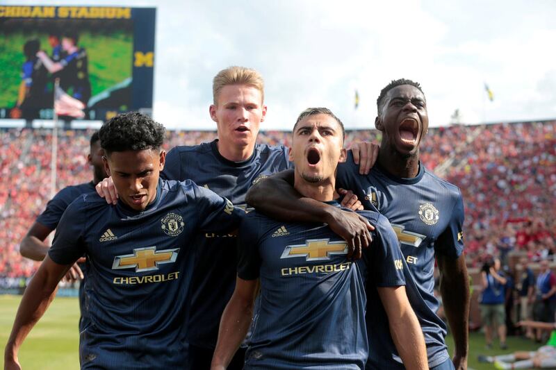Soccer Football - International Champions Cup - Manchester United v Liverpool - Michigan Stadium, Ann Arbor, USA - July 28, 2018  Manchester United's Andreas Pereira celebrates scoring their first goal with team mates  REUTERS/Rebecca Cook      TPX IMAGES OF THE DAY