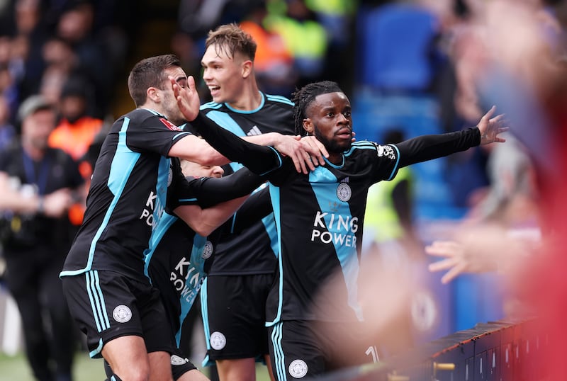 Leicester's  Stephy Mavididi celebrates with teammates after making it 2-2. Getty Images