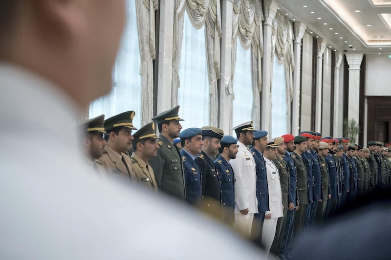 ABU DHABI, UNITED ARAB EMIRATES - June 11, 2018: HH Sheikh Mohamed bin Zayed Al Nahyan, Crown Prince of Abu Dhabi and Deputy Supreme Commander of the UAE Armed Forces (not shown) receives Joint Command and Staff College, and National Defense College graduates, during an iftar reception at Al Bateen Palace.
��(��Mohamed Al Hammadi / Crown Prince Court - Abu Dhabi )
---
