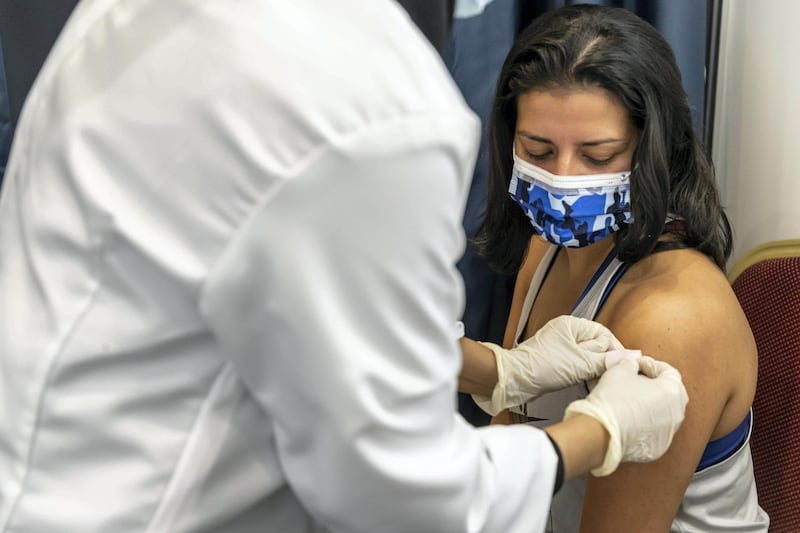 Irum Fatima Tapal gets vaccinated at the newly opened Al Barsha Hall, Vaccination Centre that are administering 4000 vaccinations a day on May 5th, 2021