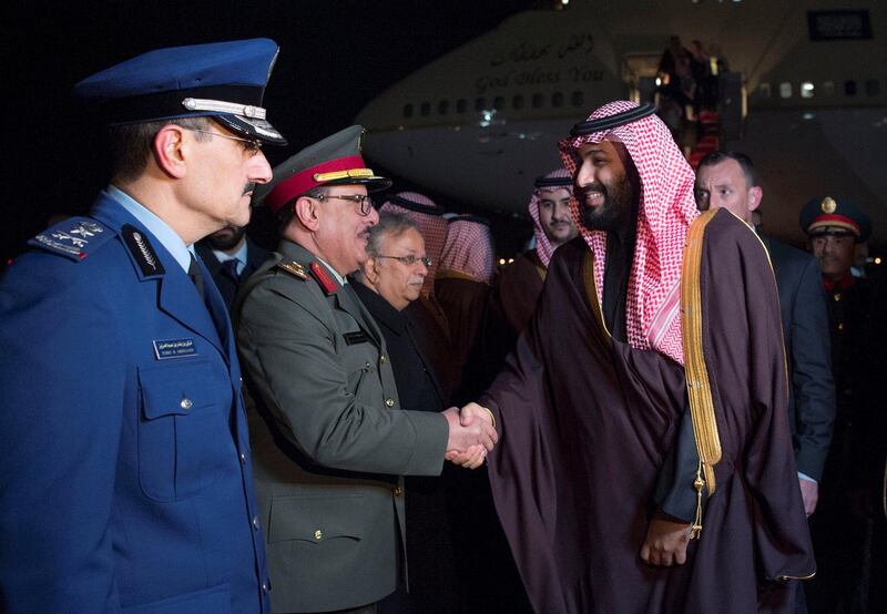 Saudi Arabia's Crown Prince Mohammed bin Salman is welcomed upon his arrival in Washington, U.S., March 19, 2018. Picture taken March 19, 2018. Bandar Algaloud/Courtesy of Saudi Royal Court/Handout via REUTERS ATTENTION EDITORS - THIS PICTURE WAS PROVIDED BY A THIRD PARTY.