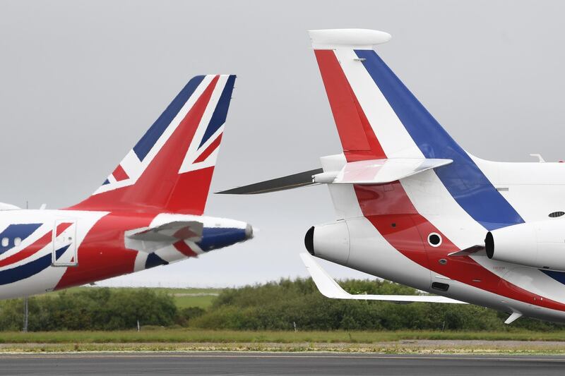 The planes of UK Prime Minister Boris Johnson and French President Emmanuel Macron together on the Newquay runway. Getty