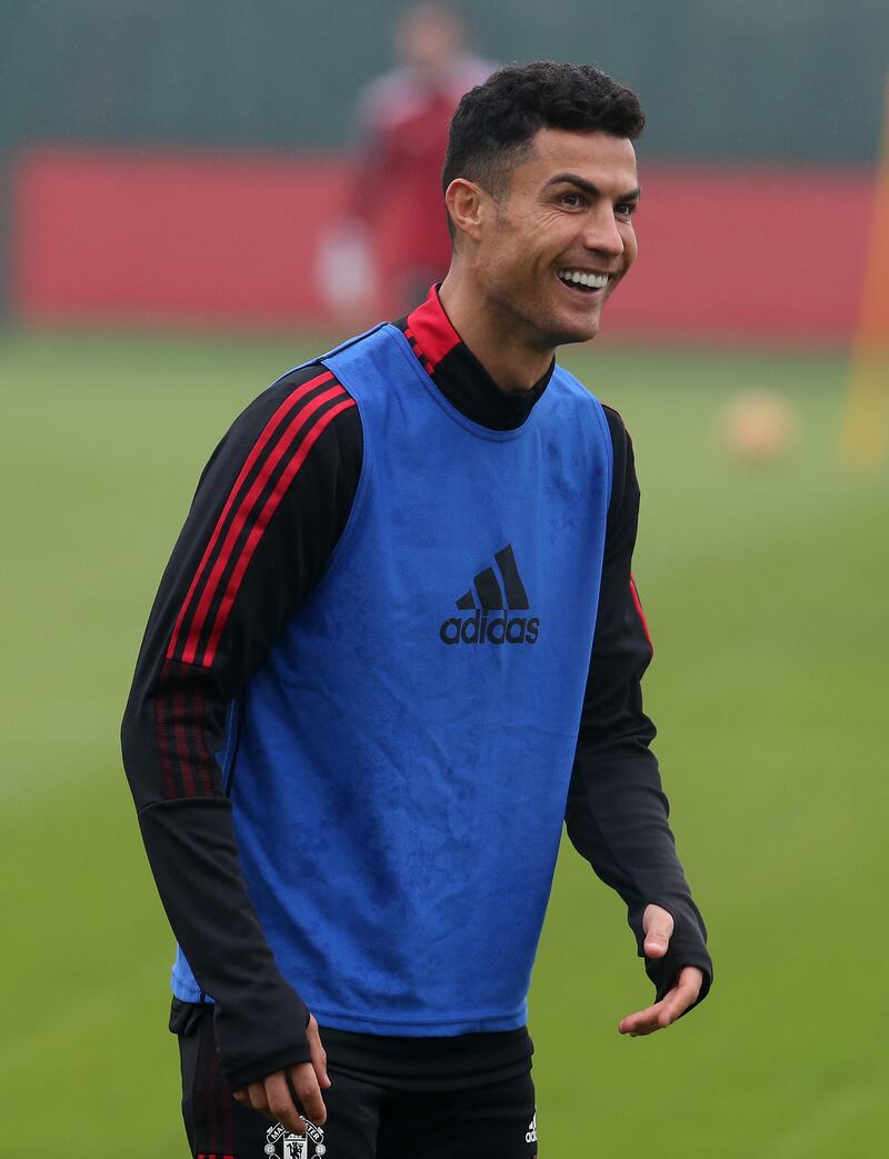 Cristiano Ronaldo of Manchester United in action during a first team training session at Carrington Training Ground in Manchester, England.