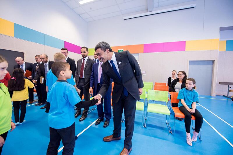 <p>Sheikh Abdullah bin Zayed, Minister of Foreign Affairs and International Cooperation, visits the Amesbury School in Wellington, New Zealand, which is a global model of cultural diversity, boasting a mixed group of students from various ethnic groups. 3 May 2018. WAM</p>
