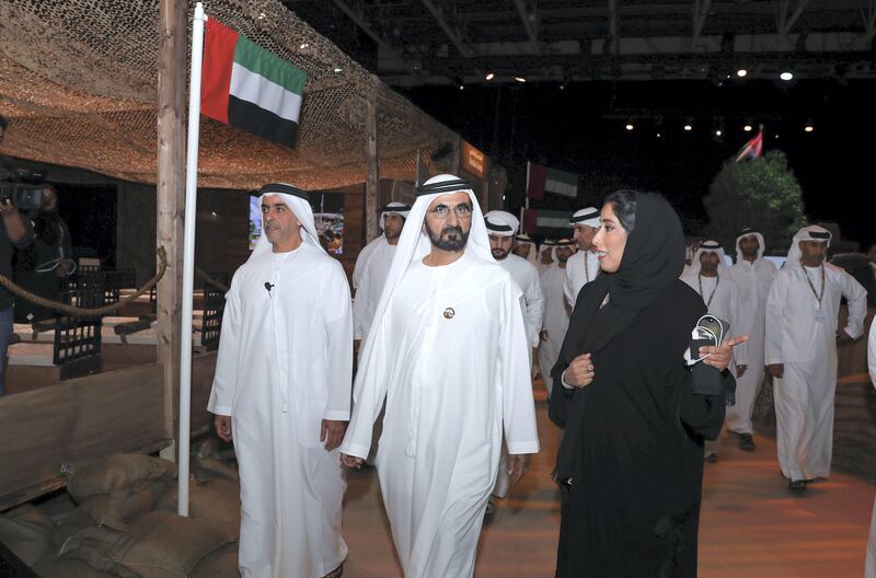 Sheikh Mohammed bin Rashid, Vice President and Ruler of Dubai, Sheikh Saif bin Zayed, Deputy Prime Minister and Minister of Interior and Mona Al Marri, chief executive of the Dubai Media Office, tour the Emirates Media Forum on Monday. Wam