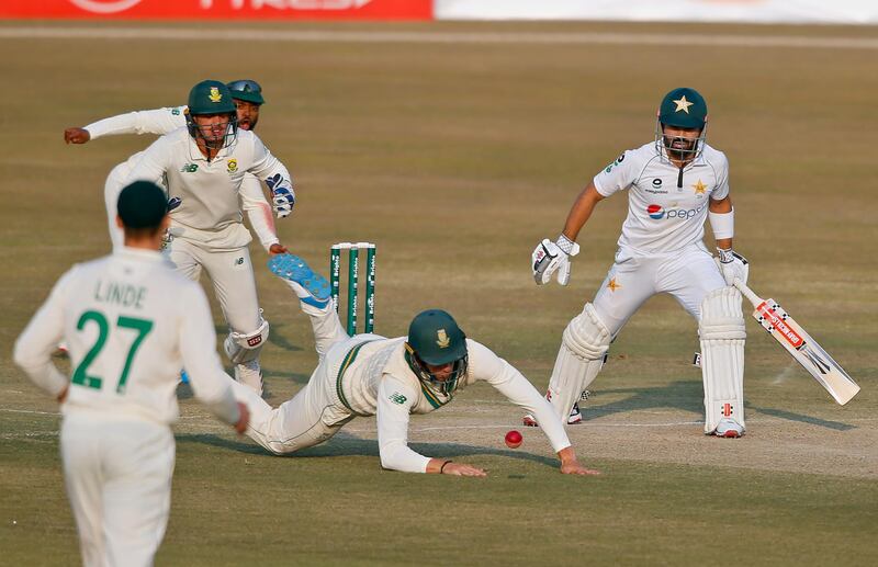 Pakistan batsman Mohammad Rizwan is dropped by South Africa's Rassie van der Dussen. AP