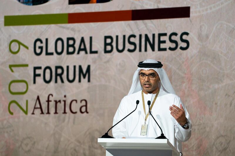 Majid Saif Al Ghurair, chairman of Dubai Chamber, addressing Global Business Forum Africa in Dubai. Courtesy Dubai Chamber