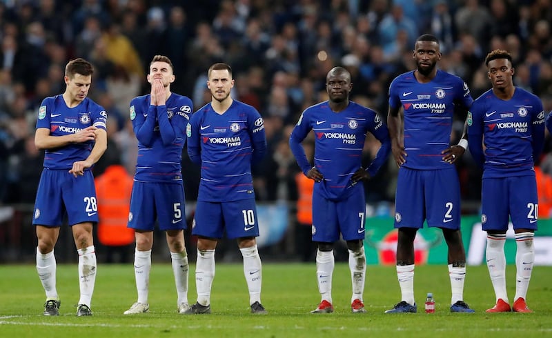 Chelsea's Jorginho reacts during the penalty shootout as his team mates look on. Reuters
