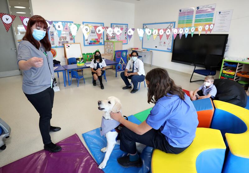 Dubai, United Arab Emirates - Reporter: Anam Rizvi. News. Education. Lotus is 4-year-old retriever and a emotional support animal at Gems Metropole School. Lotus with Emay Van Der Walt an inclusion specialist teacher. Monday, January 4th, 2021. Dubai. Chris Whiteoak / The National