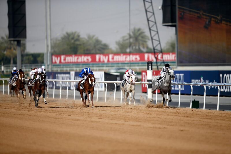 Roberto Perez on Tallaab Al Khalediah races to victory in the Dubai Kahayla Classic. Ali Haider / EPA