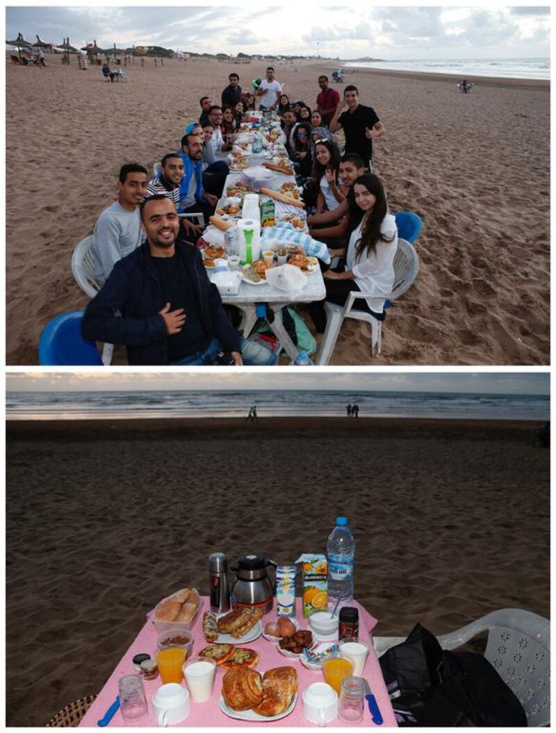 A combination picture showing people at Ain Diab beach in Casablanca, Morocco on June 15, 2016, sharing iftar during the Muslim holy month of Ramadan. Photo by Youssef Boudlal