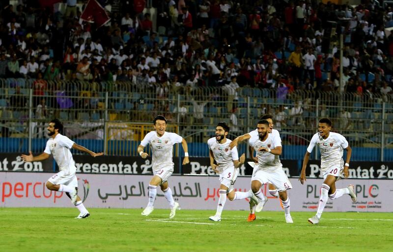 Al Wahda celebrate UAE Super Cup success following a penalty shoot-out victory over Al Ain in the Arabian Gulf Super Cup match played in Cairo, Egypt. Courtesy AGL