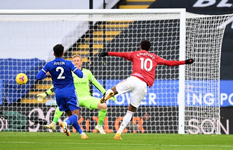 Leicester City's Kasper Schmeichel saves a shot from Manchester United's Marcus Rashford. Reuters