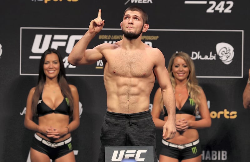 Abu Dhabi, United Arab Emirates - September 06, 2019: Khabib Nurmagomedov weighs in the day before his fight with Justin Poirier at UFC 242. Friday the 6th of September 2019. Yes Island, Abu Dhabi. Chris Whiteoak / The National