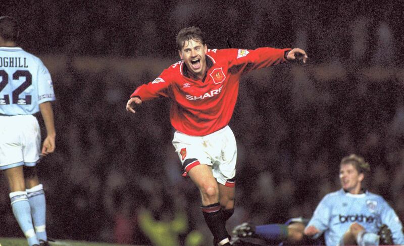 10 November 1994 FA Premiership Manchester United v Manchester City, Andrei Kanchelsekis celebrates his hat trick goal for United. (Photo by David Davies/Mark Leech Sports Photography/Getty Images)