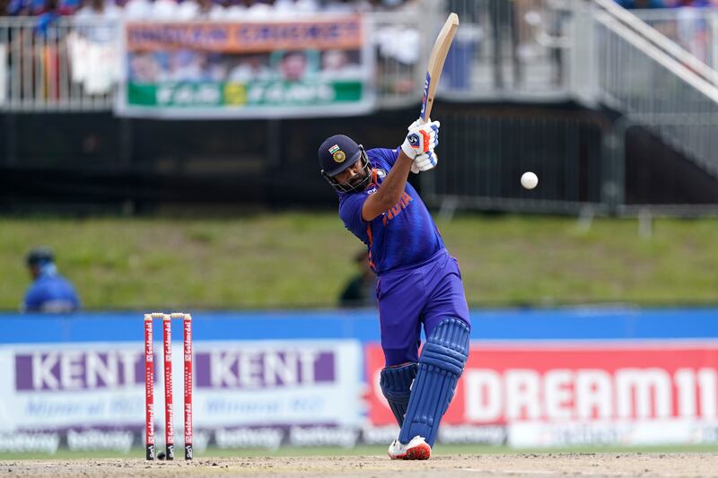 Captain Rohit Sharma hits a six during the fourth T20. AP