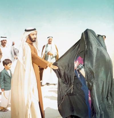 Sheikh Zayed bin Sultan Al Nahyan, during his tour of the Al Wathba area that is part of the Emirate of Abu Dhabi - February 10, 1976.