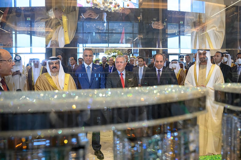 President Sheikh Mohamed, King Abdullah II of Jordan, Egyptian President Abdel Fattah El Sisi, King Hamad of Bahrain and Iraqi Prime Minister Mustafa Al Kadhimi view a model of a resort in El Alamein, Egypt, which was inaugurated on August 24. All photos: UAE Presidential Court 
